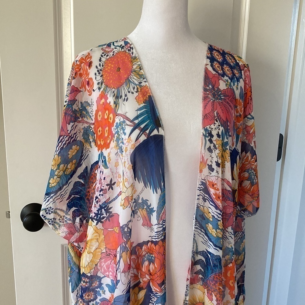 Hibluco small cardigan cover up floral sheer blue pink short sleeves kimono - Picture 2 of 11